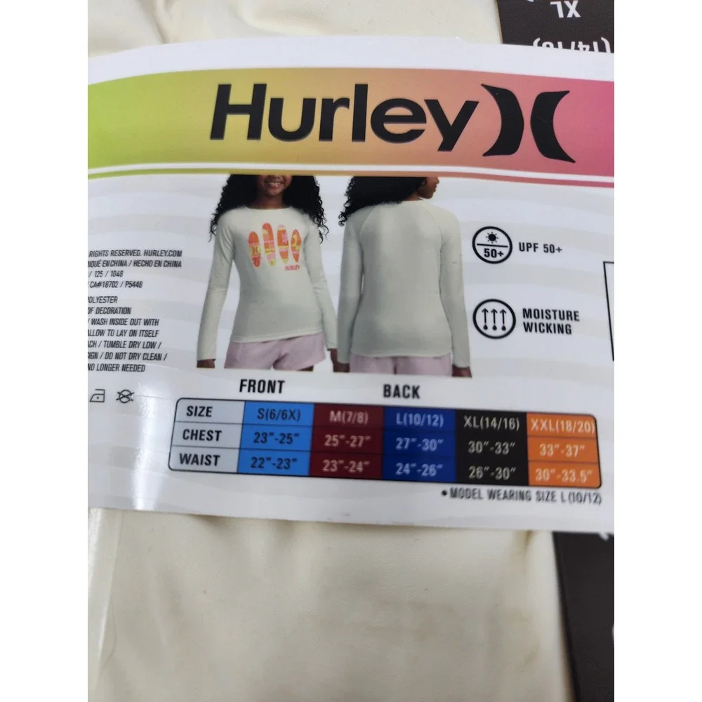 Hurley Girls Long Sleeve Rash Guard Swim Top Cream Polyester Athletic Size XL